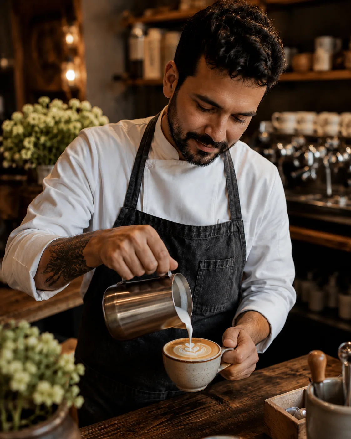 Barista finalizando um cappuccino, despejando leite vaporizado na xícara.