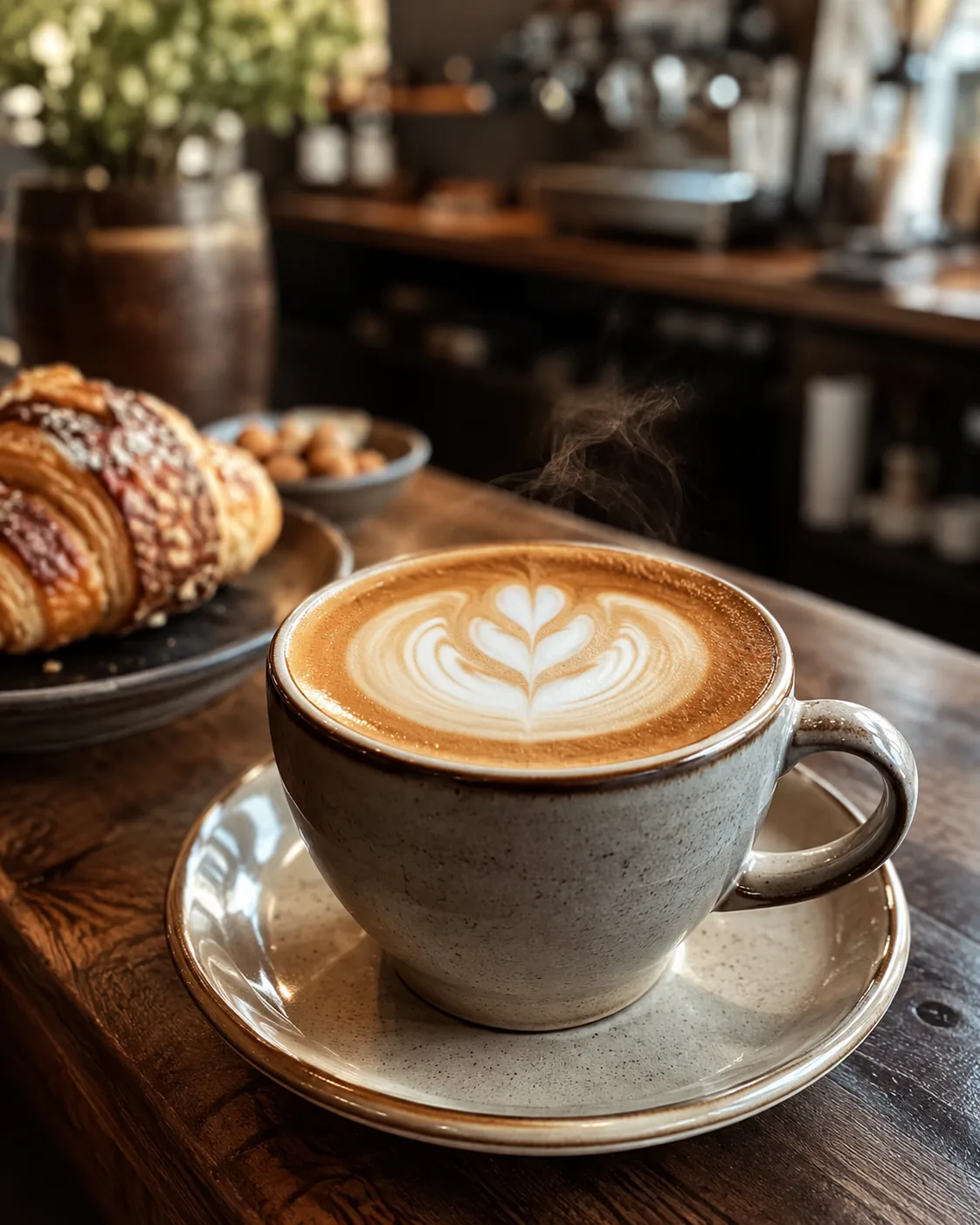 Cappuccino com desenho na espuma, servido em xícara de cerâmica com croissant ao fundo.