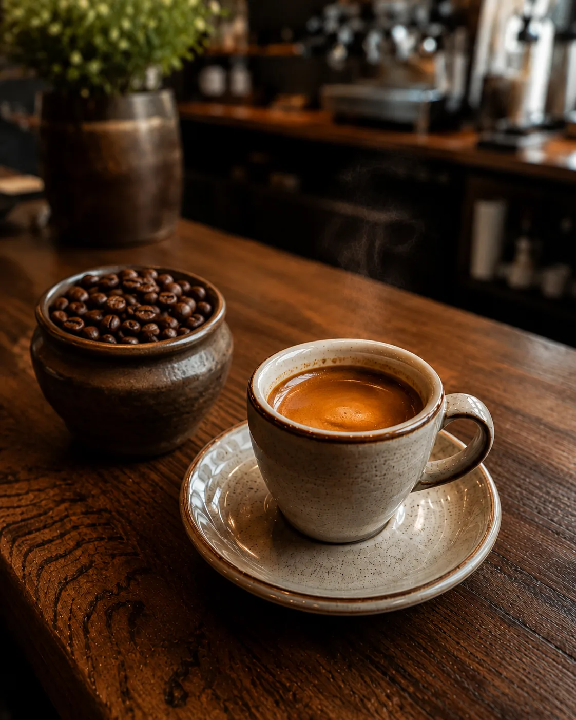 Espresso servido em xícara de cerâmica malhada, ao lado de um pote com grãos torrados.